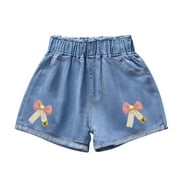 LIaqionyy Toddler Girls Summer Casual Solid Color Jeans Shorts Kids Cute Lace Bowknot Floral Decoration Denim Pants